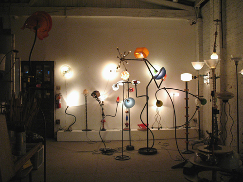 Photograph of Studio 3R at the warehouse showing the light sculptures / lamps of artist Harry Anderson