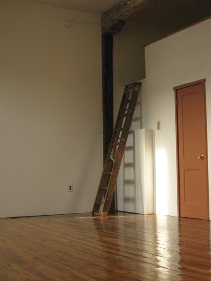 On the right is a laundry room with library ladder to the storage loft above it. 